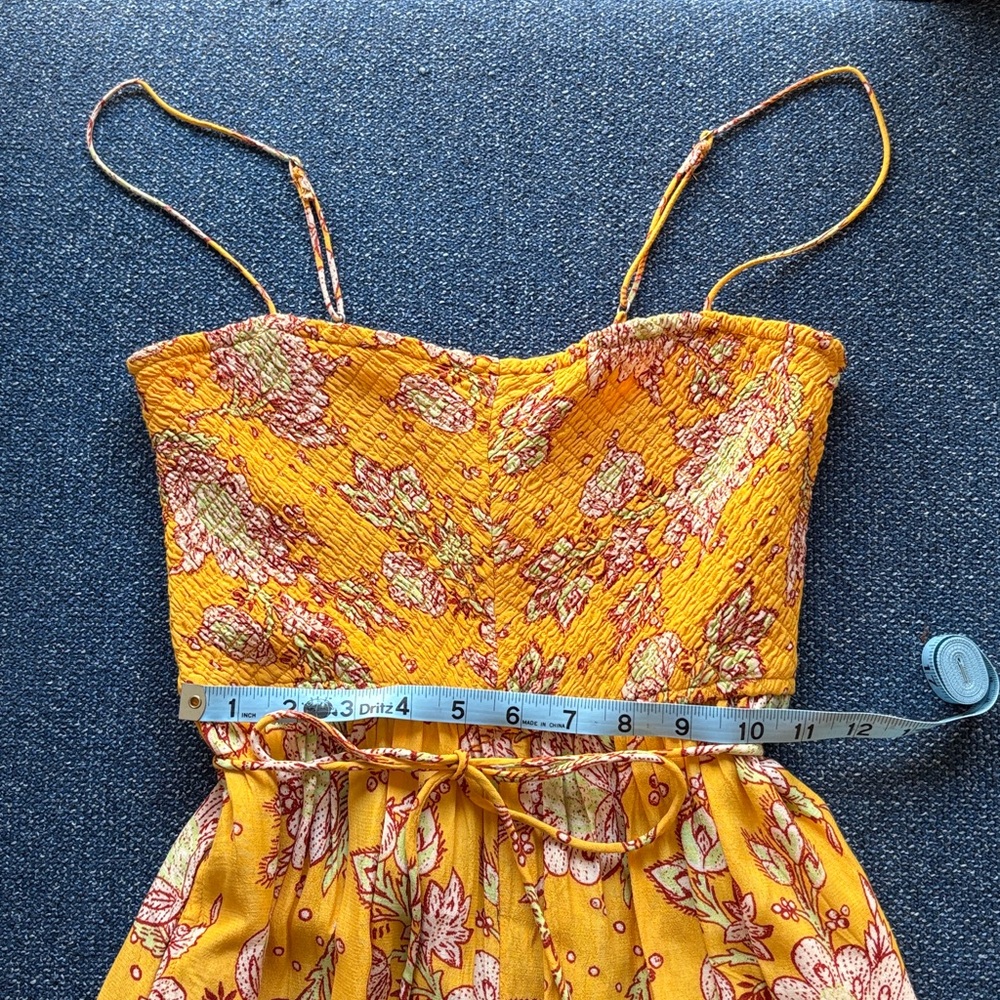 Free People:  Flowy Floral Smocked Jumpsuit, Size XS, Golden Yellow - Picture 8 of 11